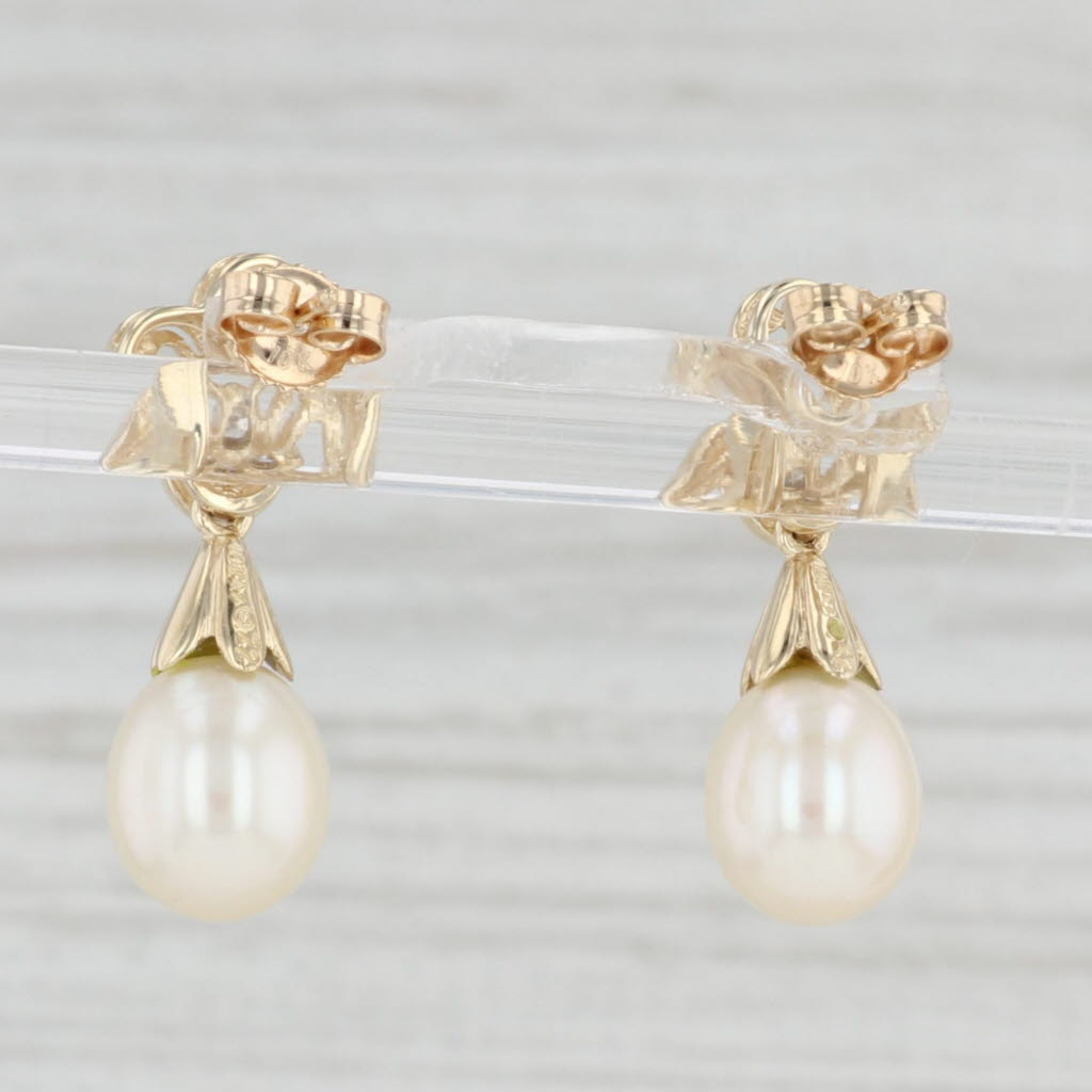 Light Gray Cultured Pearl Teardrop Diamond Flower Earrings 10k Yellow Gold Drops