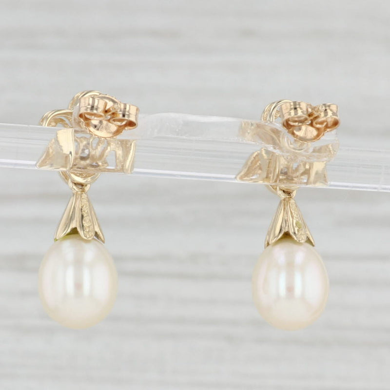 Light Gray Cultured Pearl Teardrop Diamond Flower Earrings 10k Yellow Gold Drops