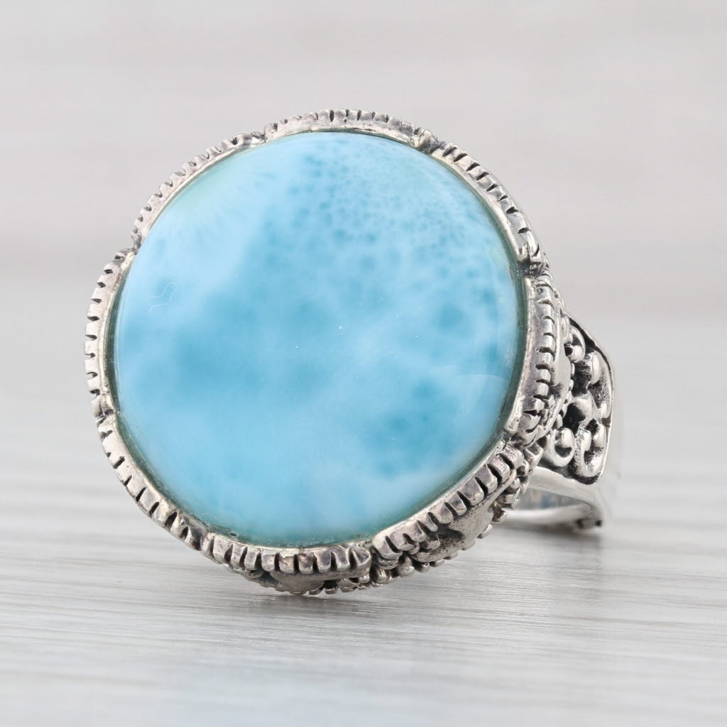 Marbled Blue Larimar Ornate Statement Ring Sterling Silver Size 6 Signed