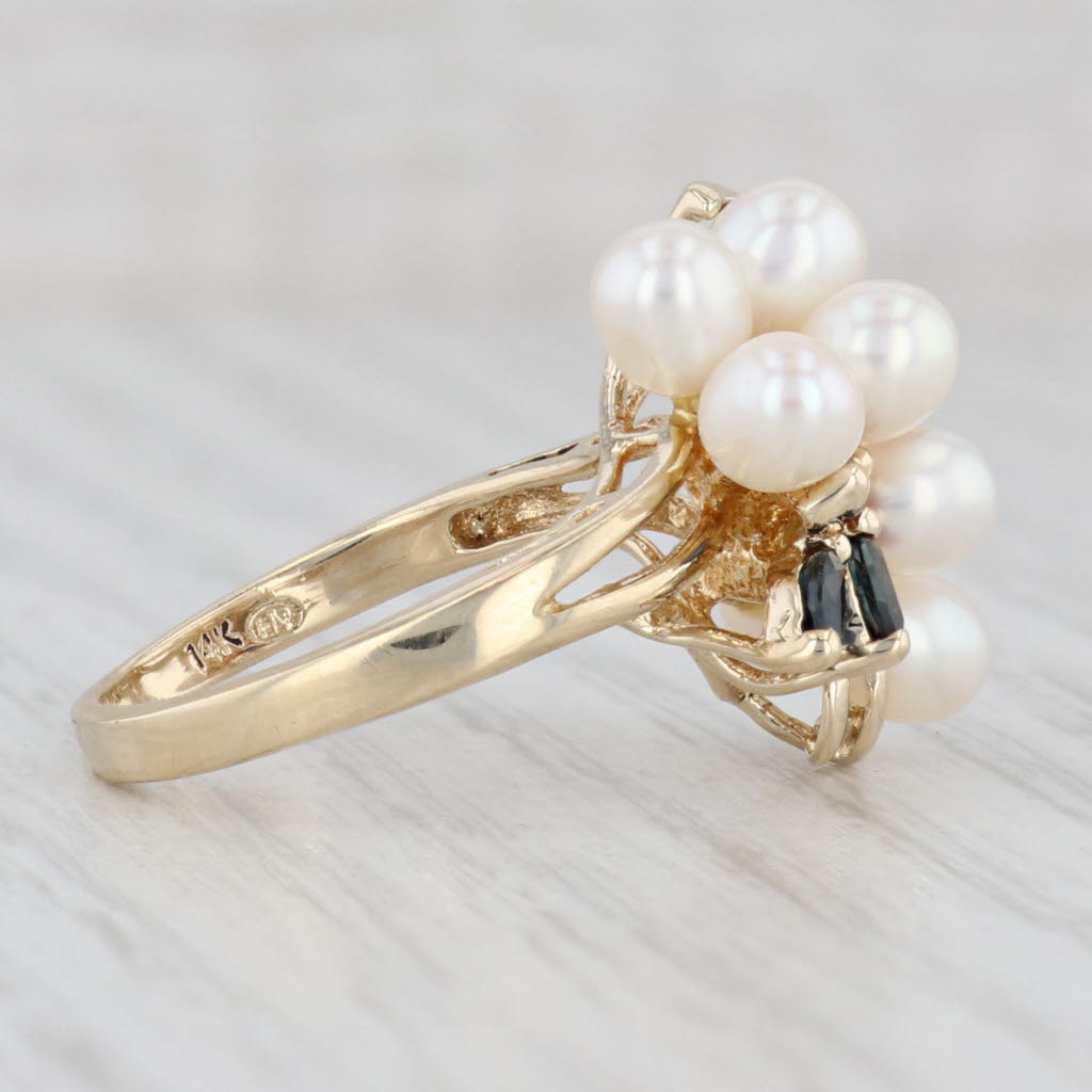 Light Gray 0.22ctw Blue Sapphire Cultured Pearl Cluster Ring 14k Yellow Gold Size 6.25