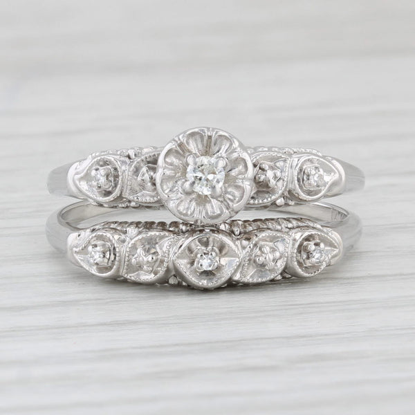 Diamond Engagement Ring Wedding Band Bridal Set 14k White Gold Size 10.5 Vintage