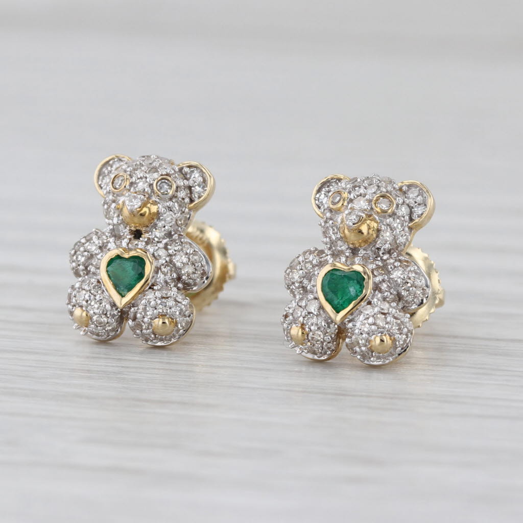 0.86ctw Emerald Hearts Diamond Teddy Bear Stud Earrings 10k Yellow Gold