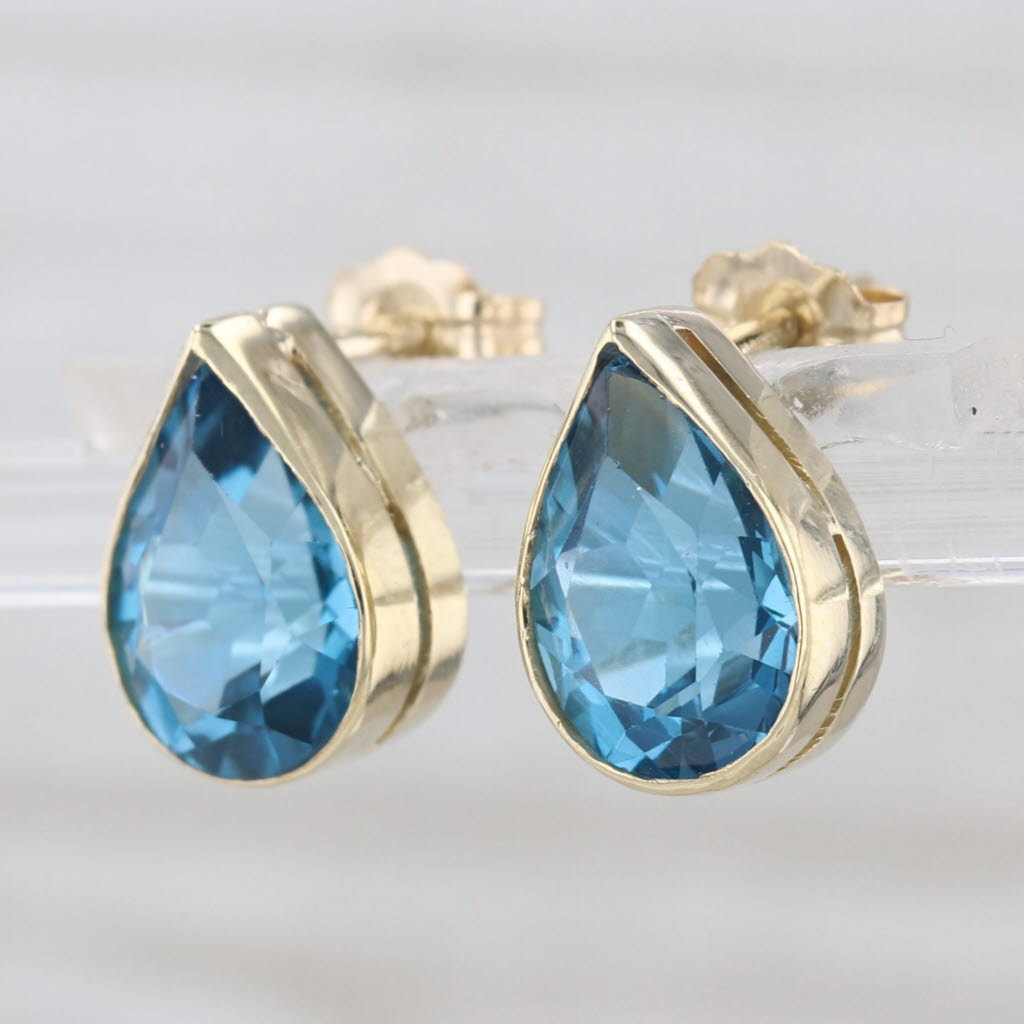4.60ctw Blue Topaz Teardrop Stud Earrings 14k Yellow Gold Pear Solitaire Studs