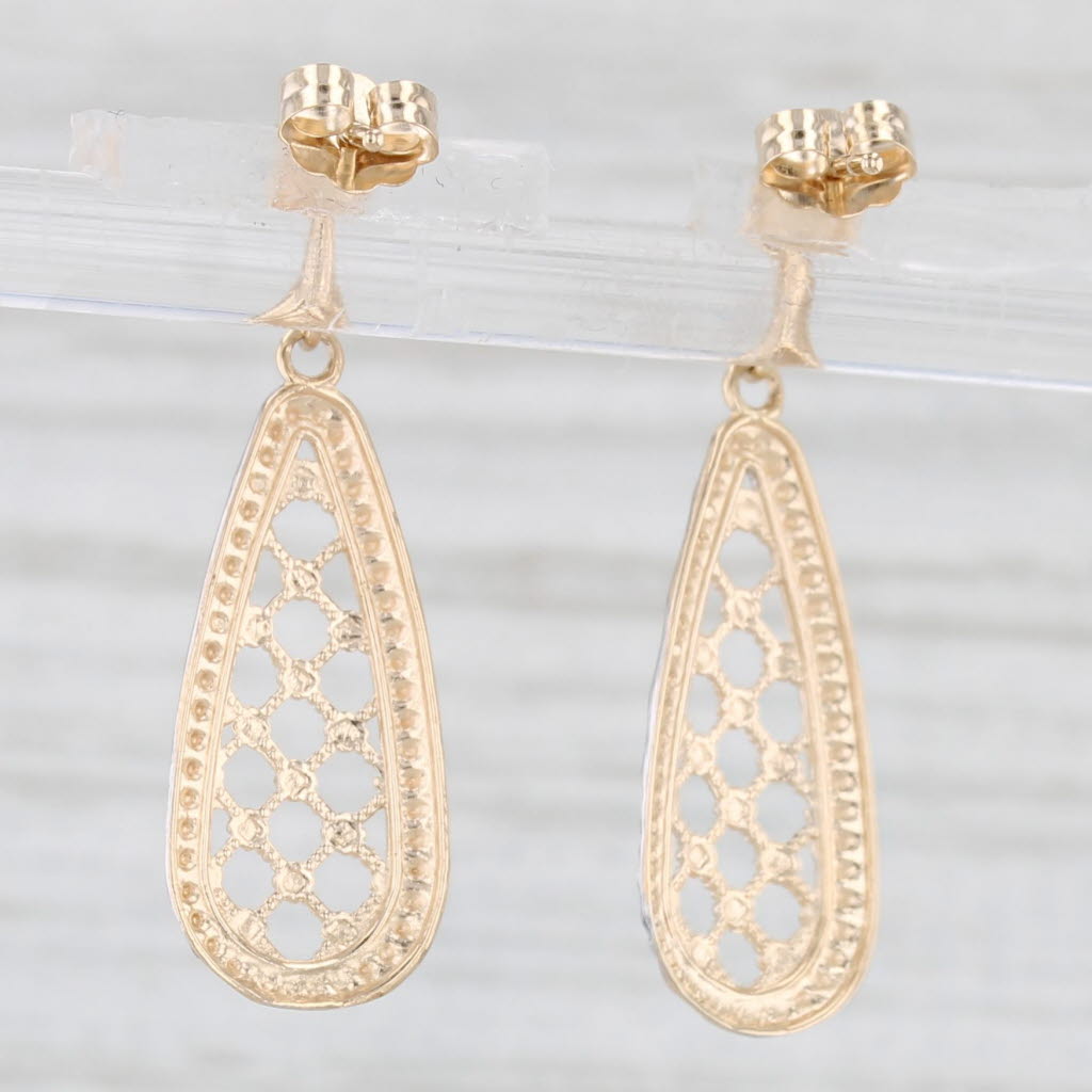 Light Gray Lattice Work Teardrop Earrings 14k White Yellow Gold Dangle Drops