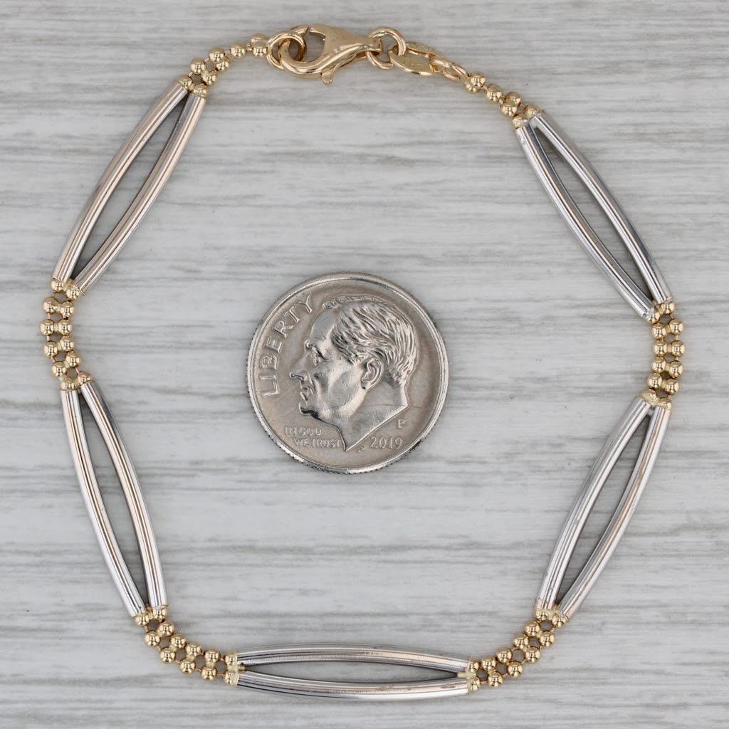 Gray Bar & Bead Link Bracelet 14k Yellow White Gold 6.5" 5.2mm