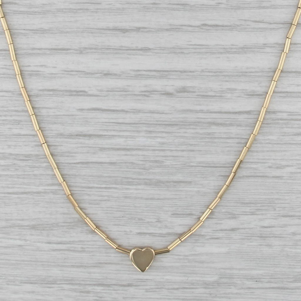 15" Heart Pendant Tube Bead Serpentine Necklace Engravable 14k Gold Italian