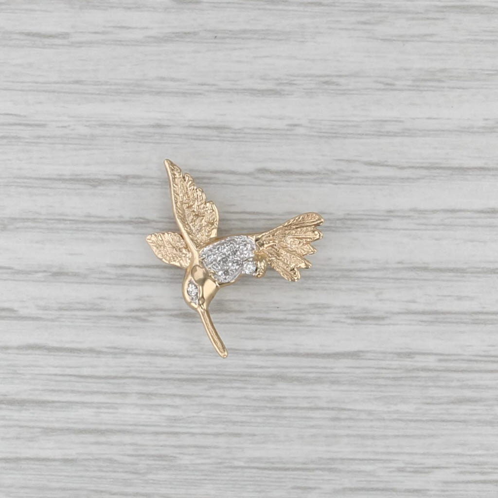 Diamond Hummingbird Pin 14k Yellow White Gold Bird Brooch