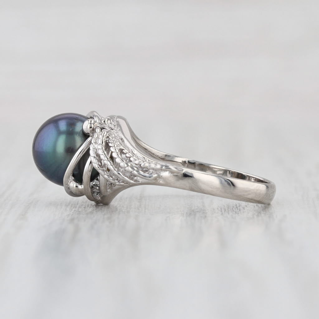 Cultured Black Pearl Solitaire Ring Silver Size 5 Openwork Band