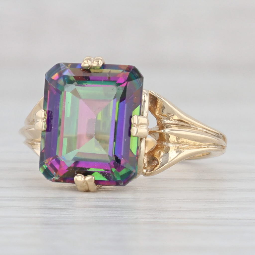 Light Gray 6.50ct Mystic Topaz Solitaire Ring 14k Yellow Gold Sz 7.5 Emerald Cut Solitaire