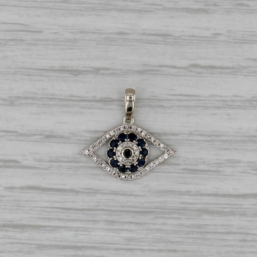0.31ctw Blue Sapphire Diamond All Seeing Eye of Deity Pendant 14k White Gold