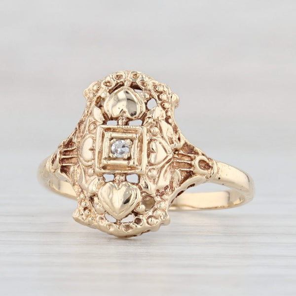 Light Gray Vintage Diamond Filigree Ring 14k Yellow Gold Size 6.75 Heart Accents