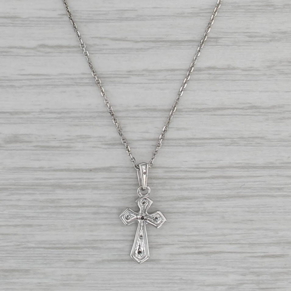 Small Diamond Cross Pendant Necklace 14k White Gold 18" Cable Chain