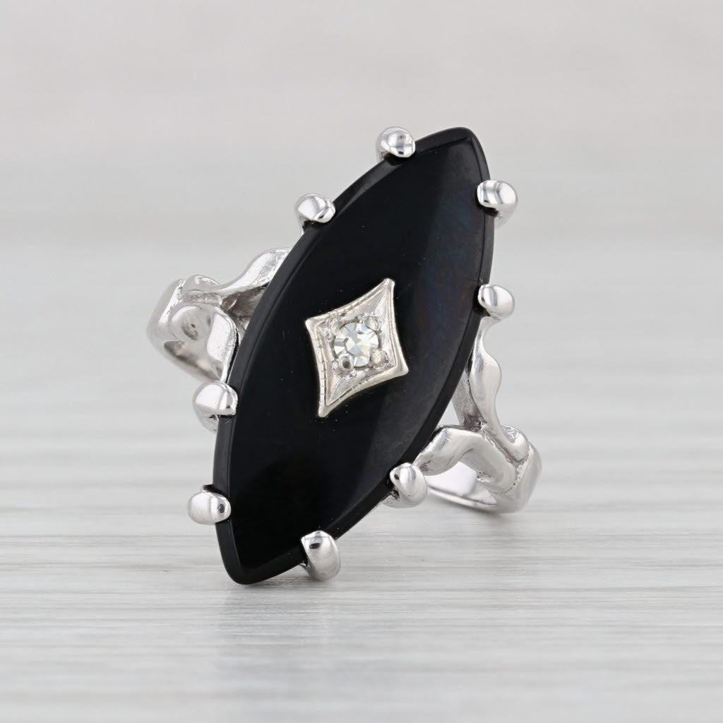 Marquise Onyx Signet Ring 10k White Gold Size 5.5 Diamond Accent