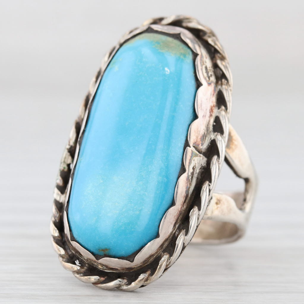 Light Gray Vintage Native American Oval Turquoise Cabochon Ring Sterling Silver Stamped