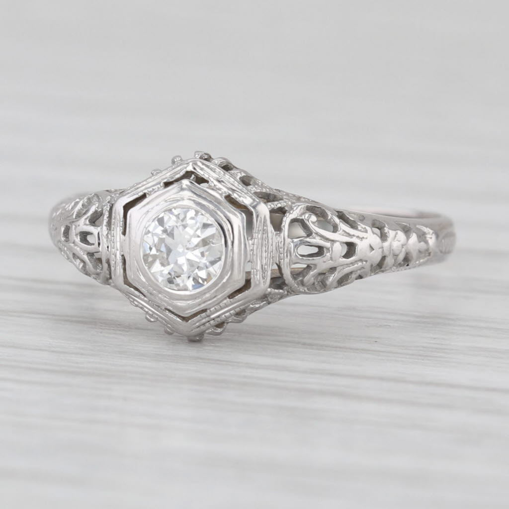 Art Deco 0.20ct Diamond Solitaire Engagement Ring 18k White Gold Filigree Sz 6.5