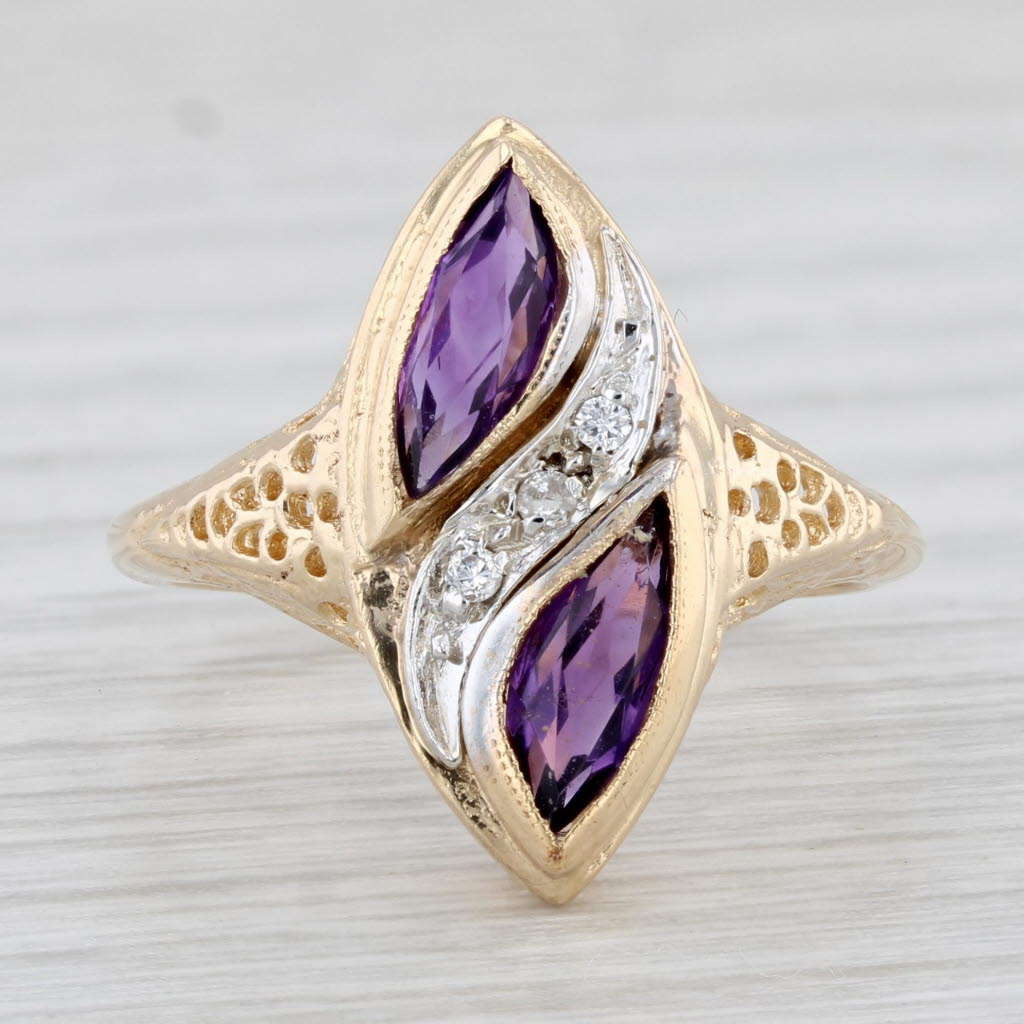 Light Gray 0.73ctw Amethyst Diamond Ring 14k Yellow Gold Filigree Size 7