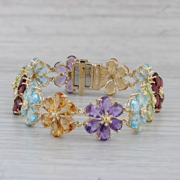 43.8ctw Gemstone Flower Bracelet 10k Gold 7" Garnet Topaz Peridot Amethyst