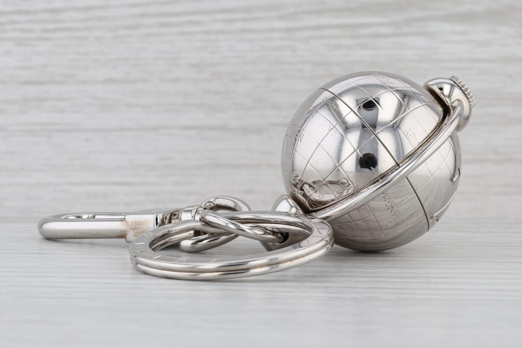 Louis Vuitton Porte Cles Sphere Key Chain Bag Charm w/ Box Papers Silver Toned