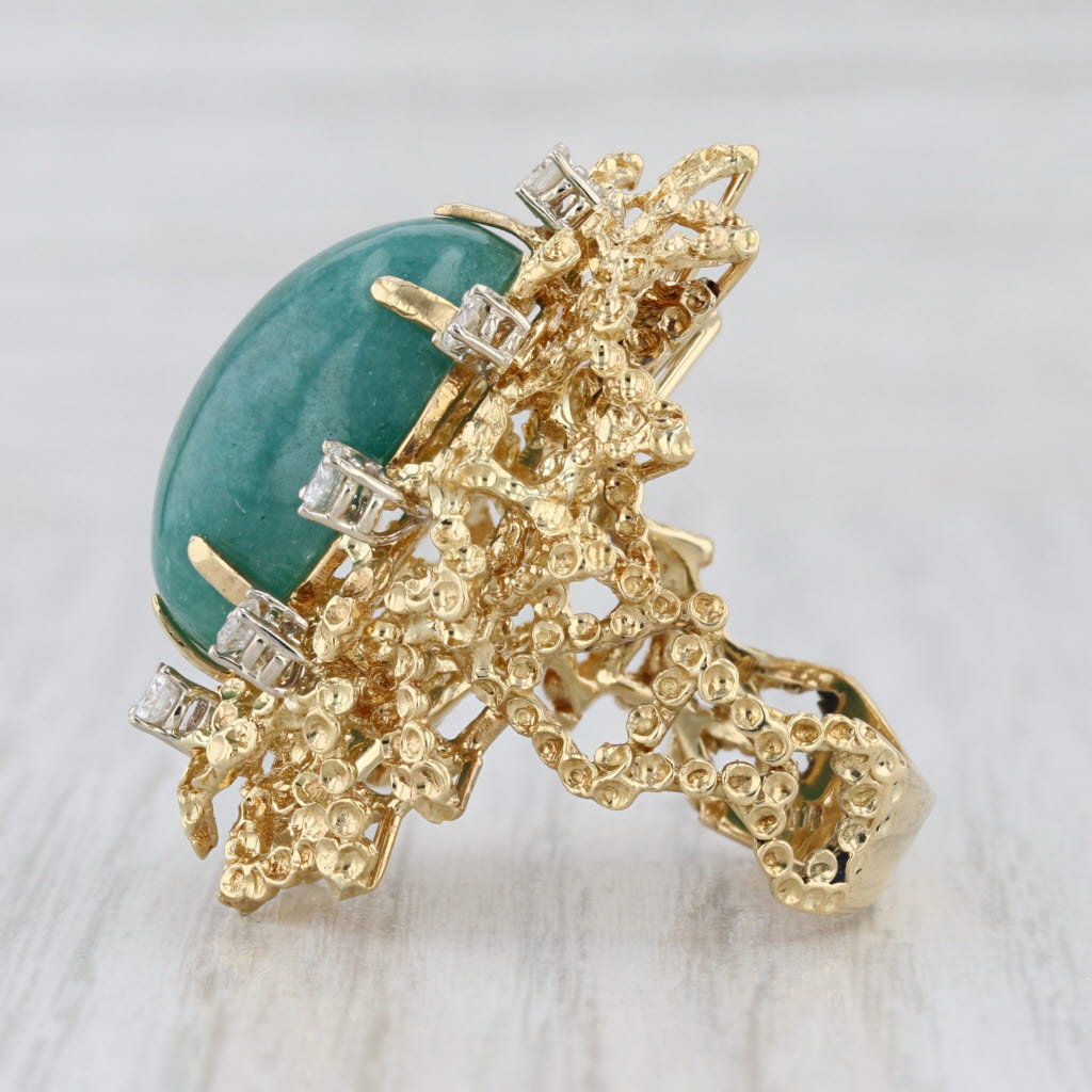 Green Jadeite Jade Cabochon Diamond Cocktail Ring 18k Yellow Gold Size 8.5