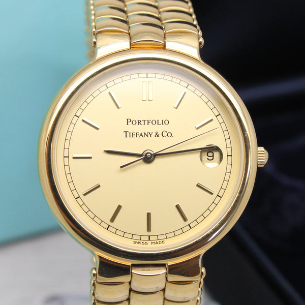 Gray Tiffany & Co Portfolio Midsize 32mm Quartz Bracelet Wrist Watch Box Links Pouch