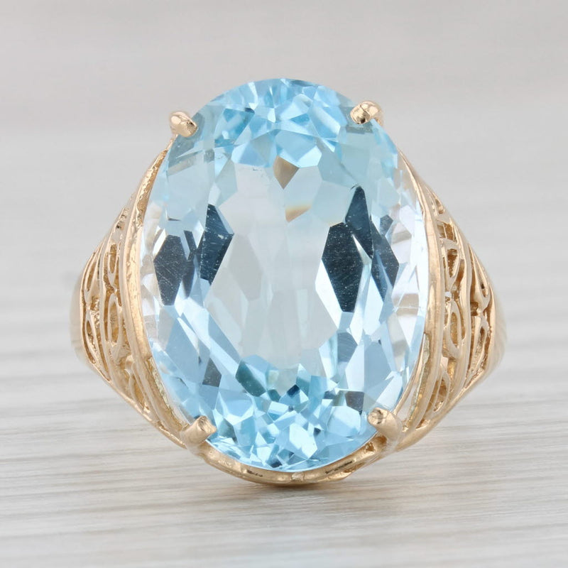Light Gray 18.40ct Blue Topaz Ring 14k Yellow Gold Size 8 Large Oval Solitaire