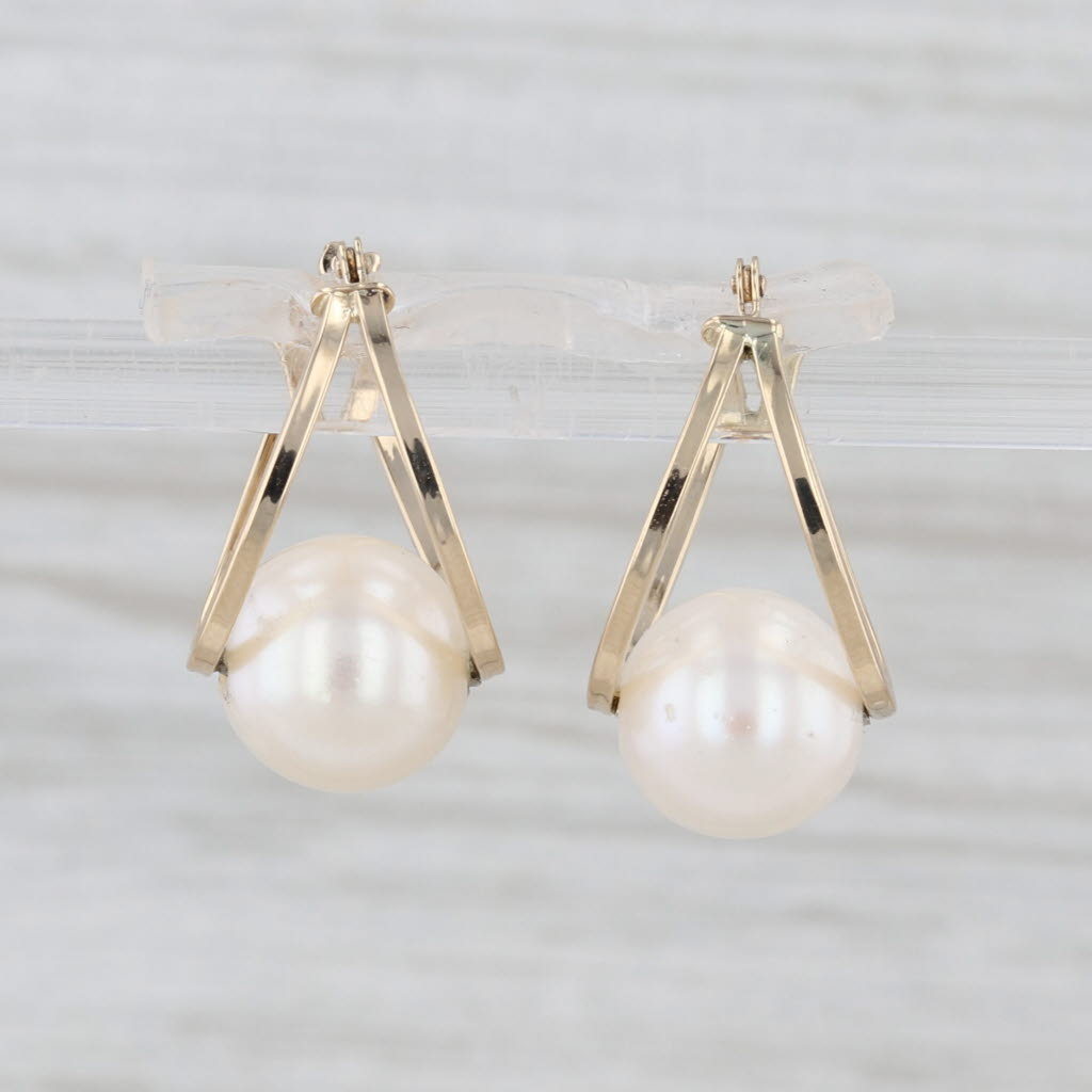 Cultured Pearl Oval Hoop Earrings 14k Yellow Gold Snap Top Hoops