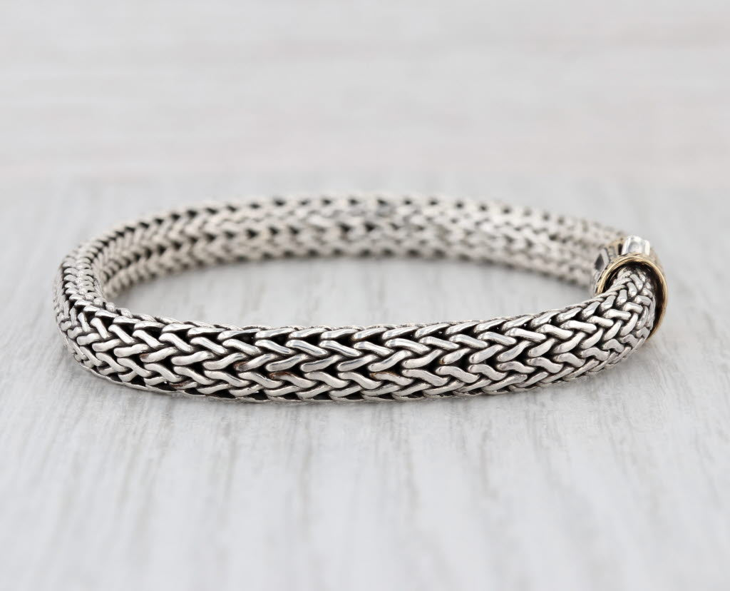 John Hardy Classic Wheat Chain Bracelet Sterling Silver 18k Gold 7" 6.4mm Lock