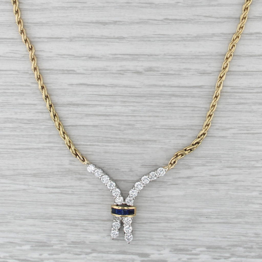 2.16ctw Blue Sapphire Diamond Lariat Necklace 18k Gold Platinum 16.75"