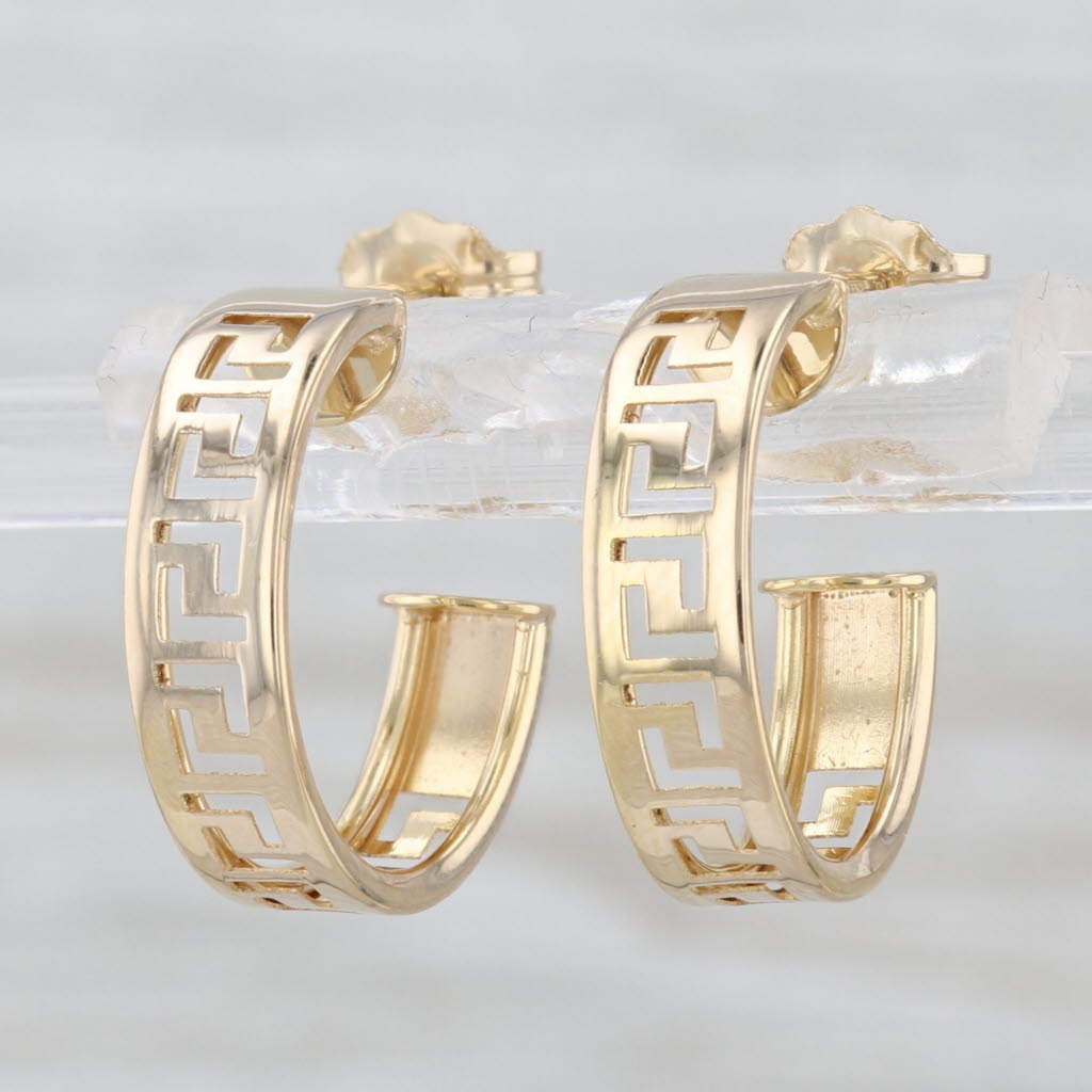 Greek Key Hoop Earrings 14k Yellow Gold Round Hoops