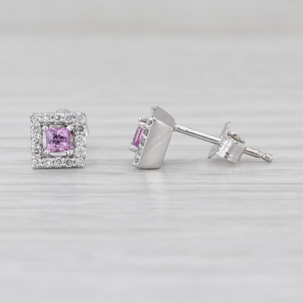 0.36ctw Pink Princess Sapphire Diamond Halo Stud Earrings 14k White Gold Studs