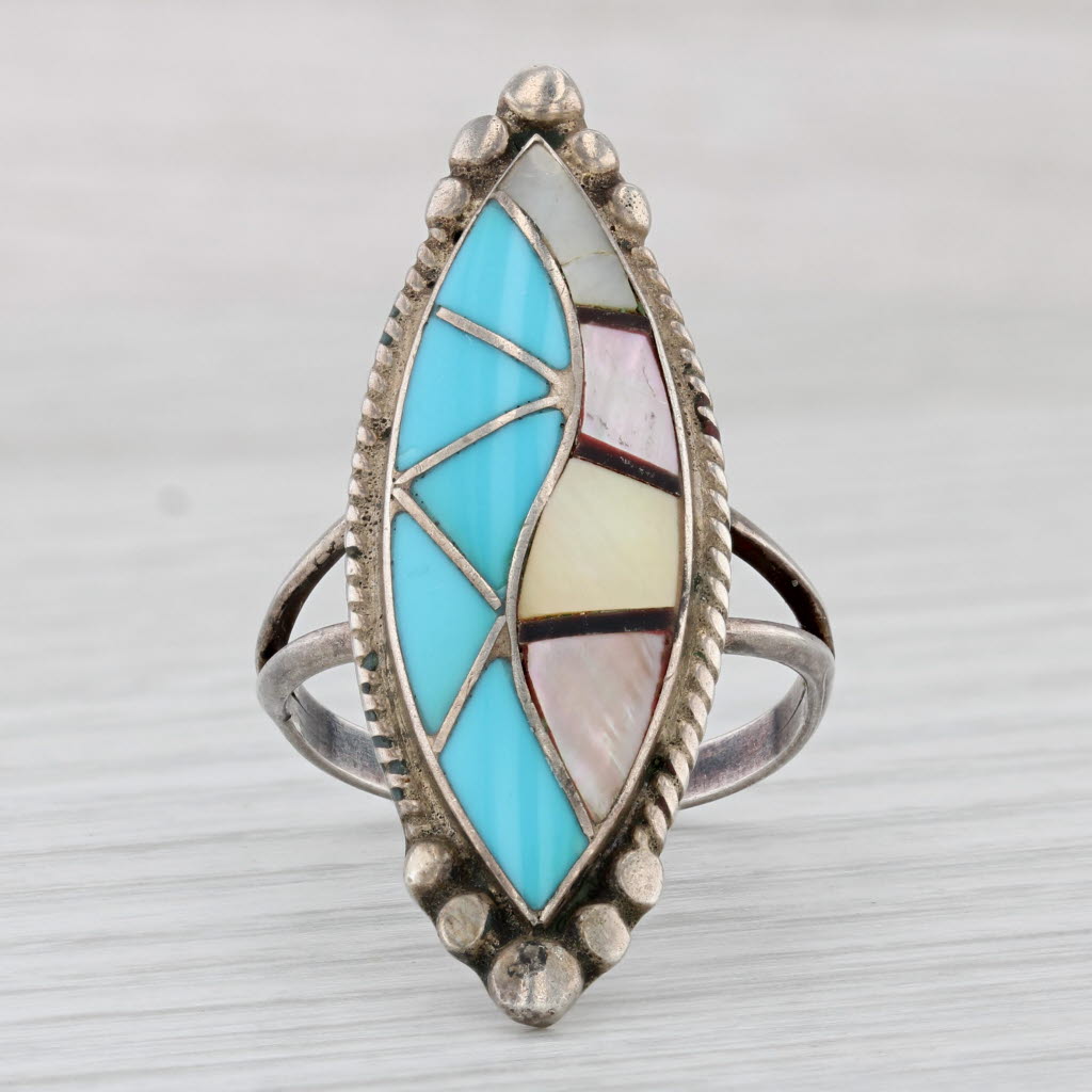 Light Gray Native American Turquoise Mother of Pearl Statement Ring Sterling Silver Size 10