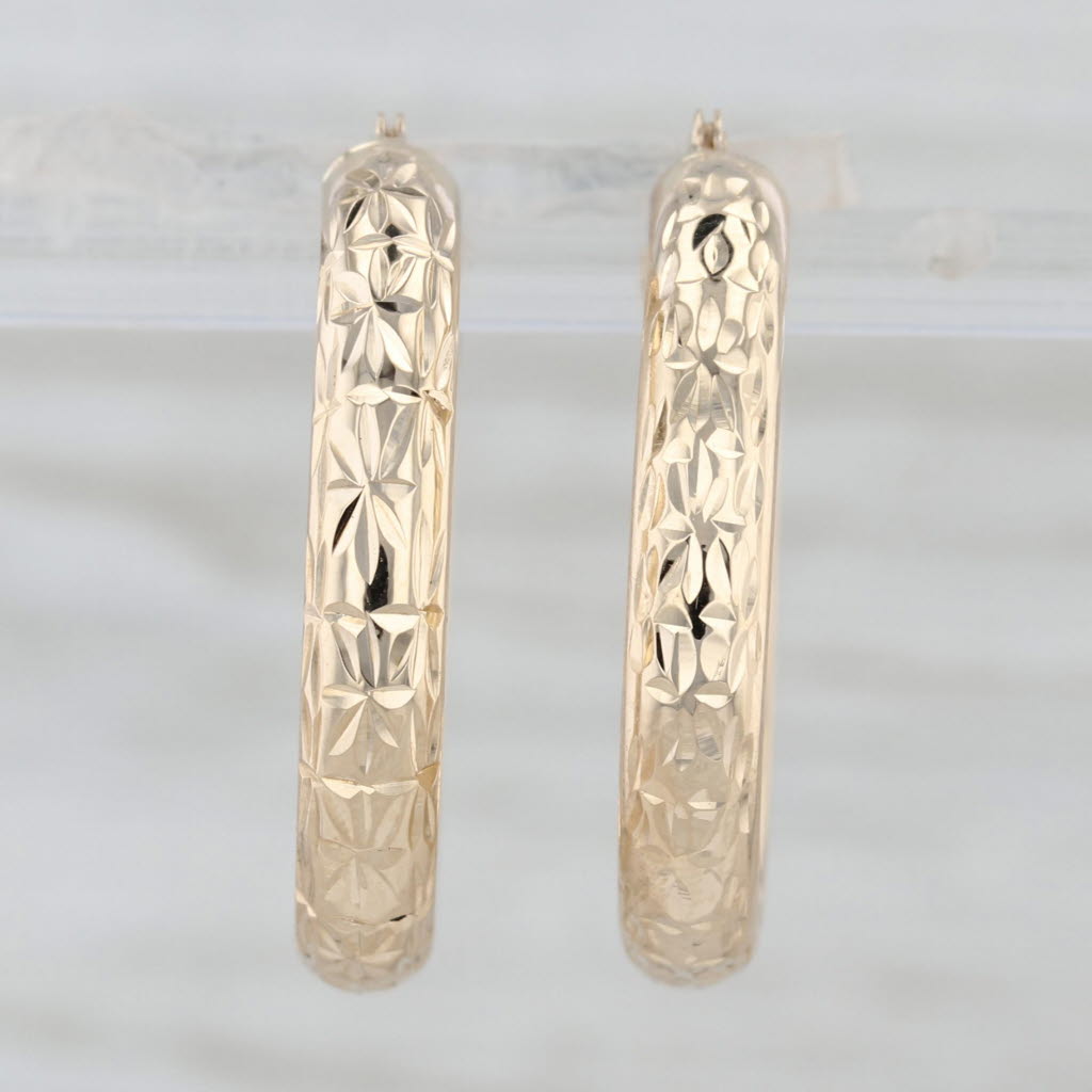Etched Hoop Earrings 14k Yellow Gold Snap Top Round Hoops