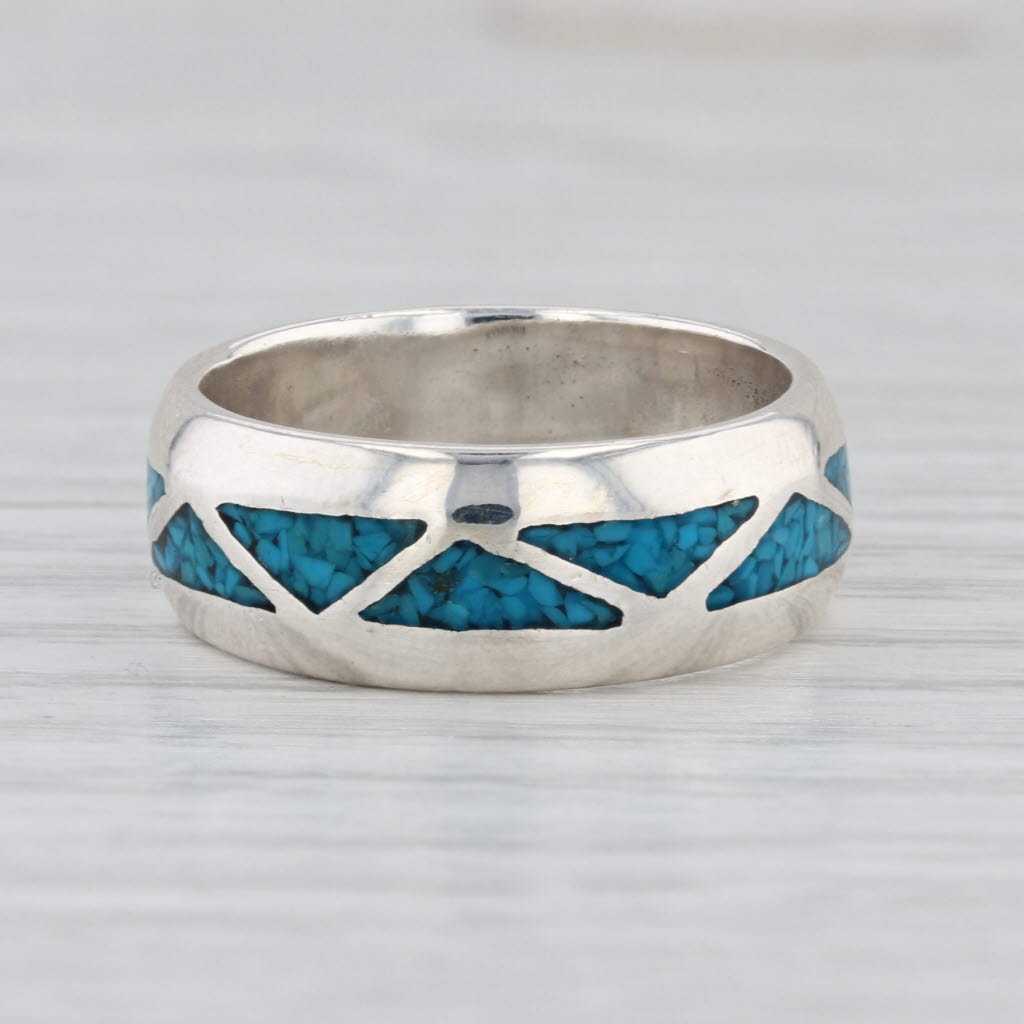 Imitation Turquoise Blue Resin Mosaic Inlay Ring Sterling Silver Size 9 Band
