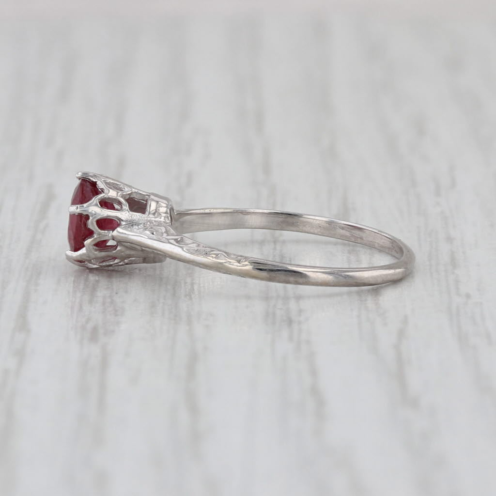 Vintage 0.90ct Ruby Round Solitaire Ring 14k White Gold Size 6.25 Etched Band