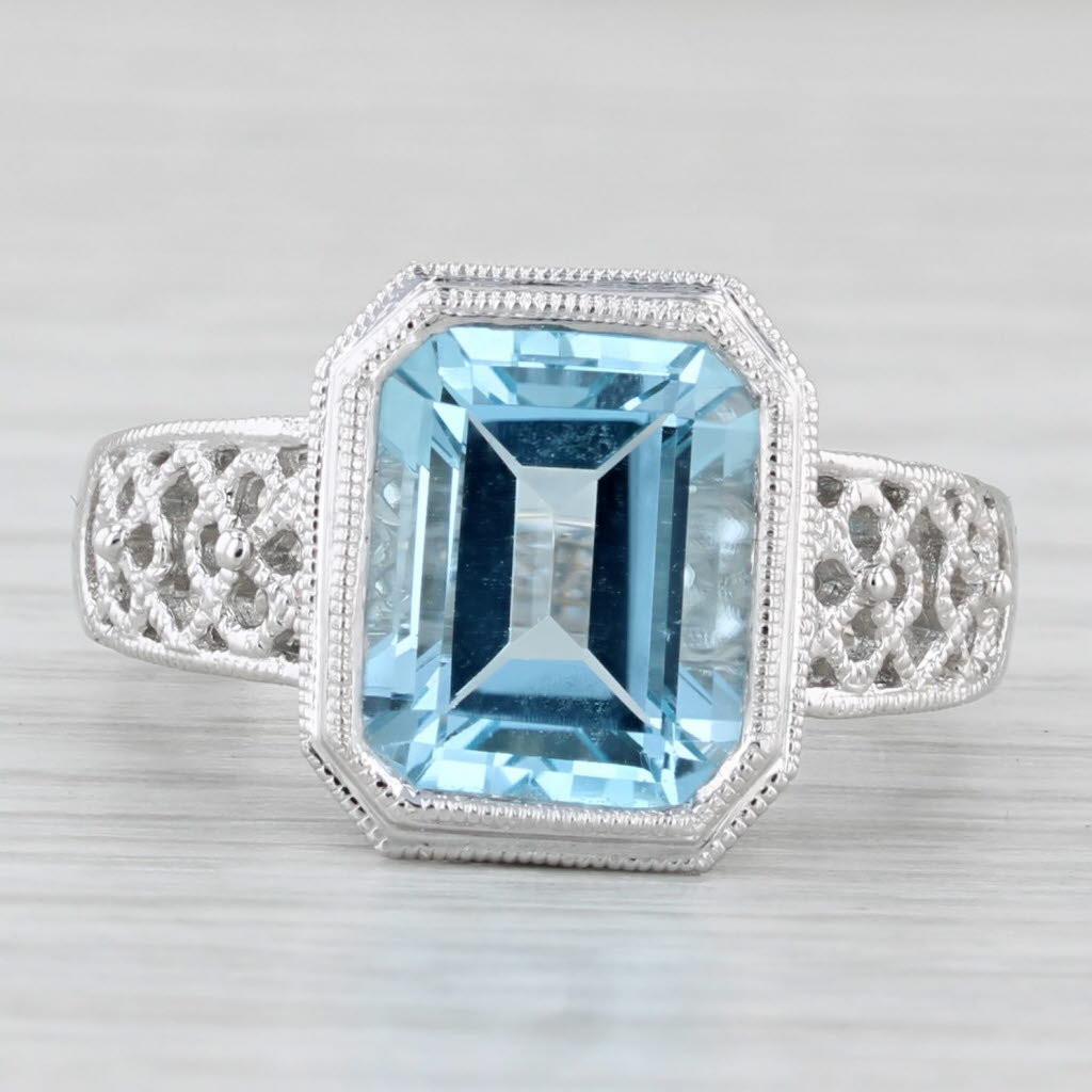 Light Gray 6.45ct Blue Topaz Solitaire Filigree Ring 14k White Gold Size 7