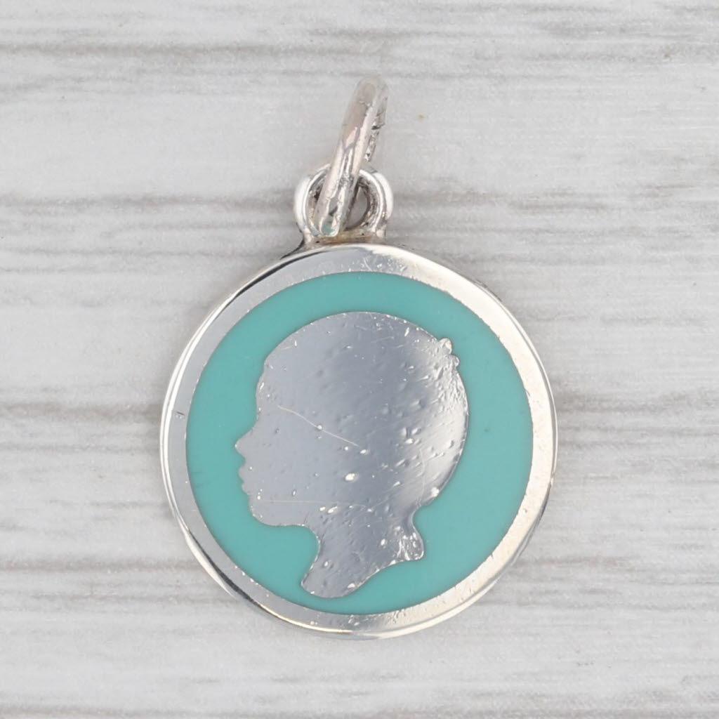 Light Gray Tiffany Retired Boy Silhouette Charm w/ Pouch Sterling Silver Enamel Pendant