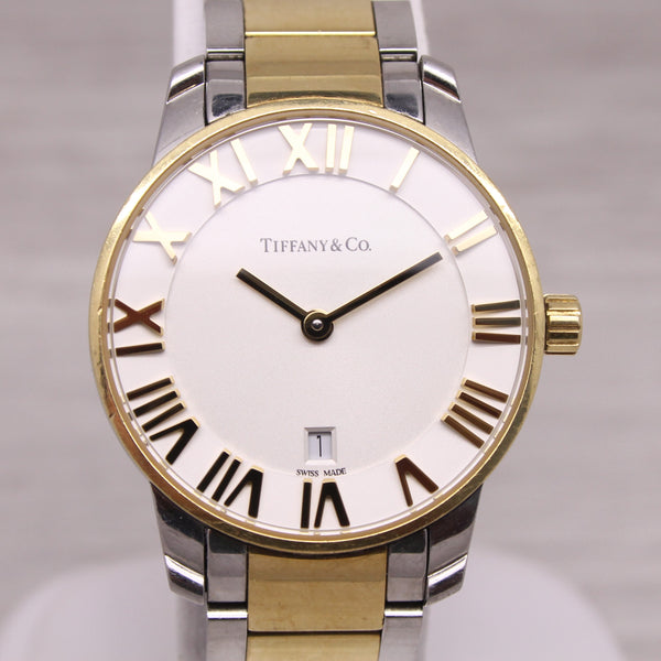 Tiffany & Co Atlas Ladies 29mm Steel & 18k Gold Quartz Wrist Watch w Date
