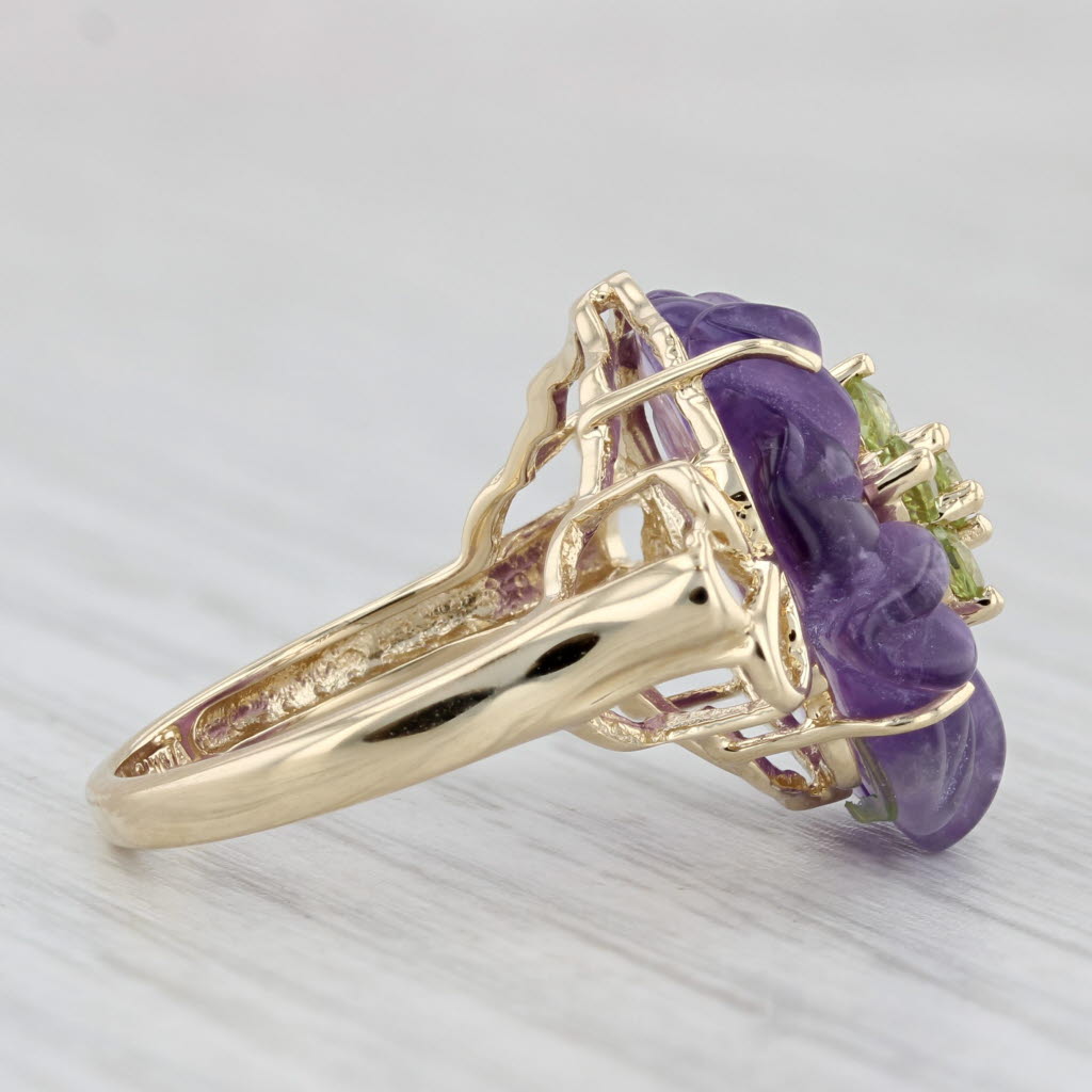 Light Gray Carved Amethyst Peridot Flower Ring 14k Yellow Gold Size 6.25