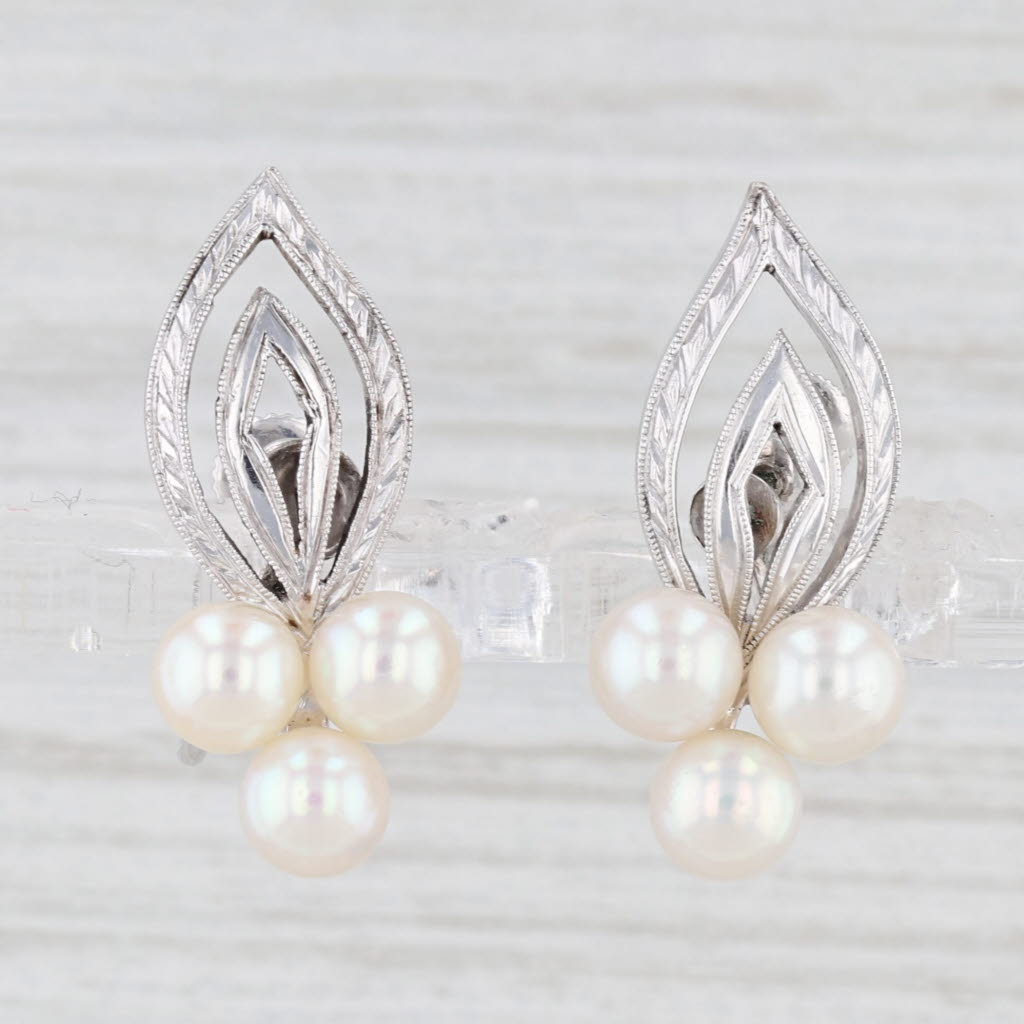 Light Gray Vintage Mikimoto Cultured Pearl Cluster Earrings Sterling Silver Screw Back