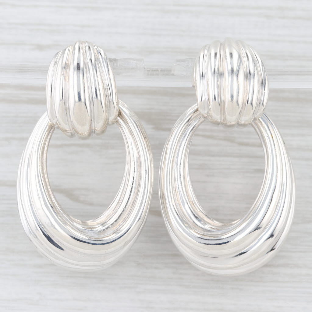 Light Gray Tiffany Clip On Convertible Dangle Earrings Sterling Silver Scalloped Oval