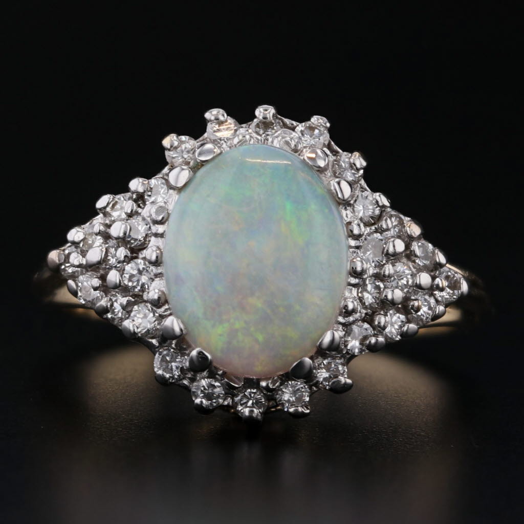 Dark Gray 0.27ctw Diamond Cluster Opal Cabochon Ring 14k Yellow Gold Size 6