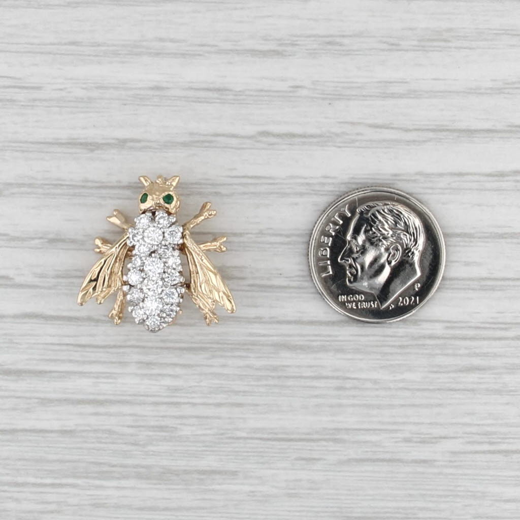 Vintage 0.46ctw Diamond Emerald Bee Brooch 14k Yellow White Gold Pin