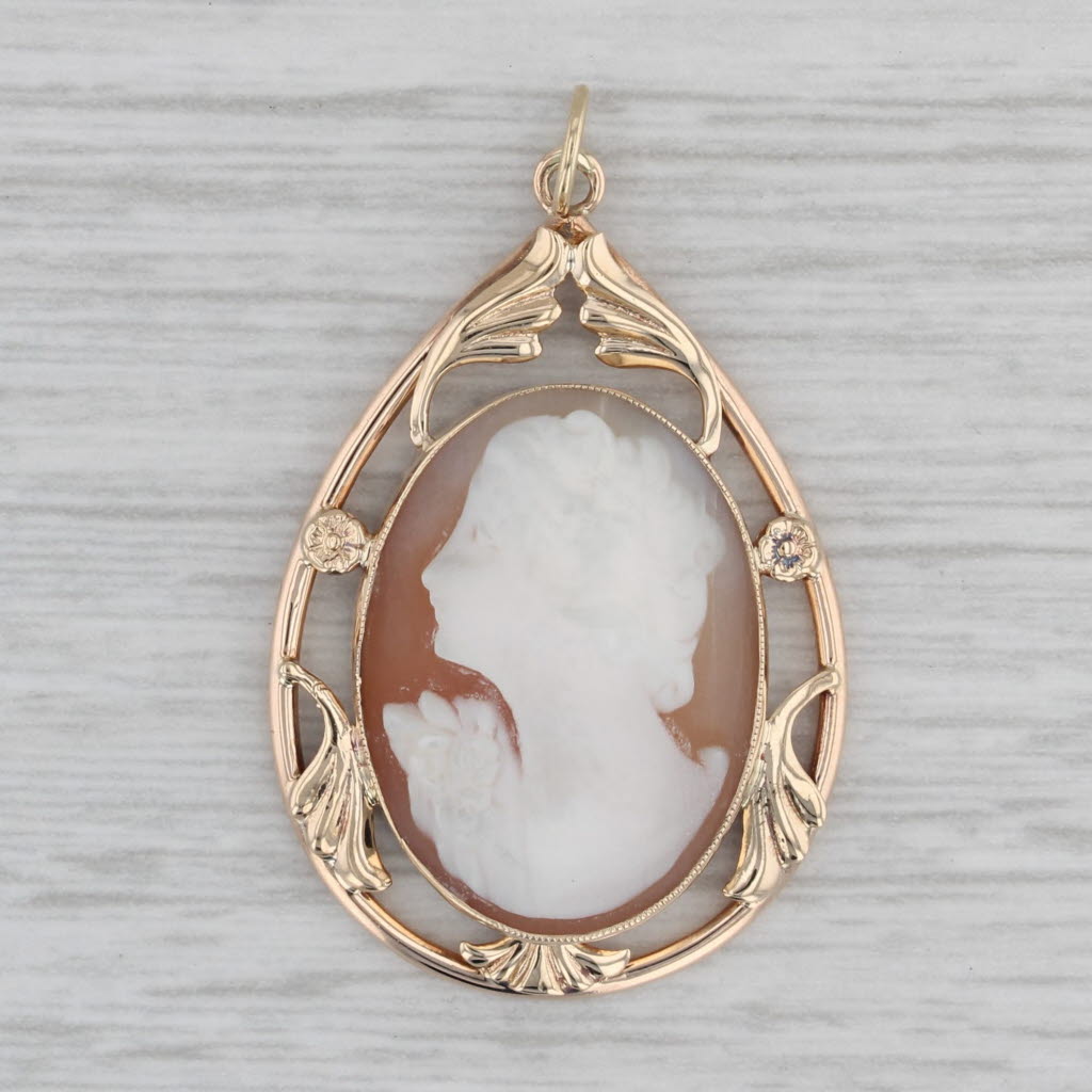 Gray Carved Shell Figural Cameo Pendant 10k Yellow Gold Vintage Floral