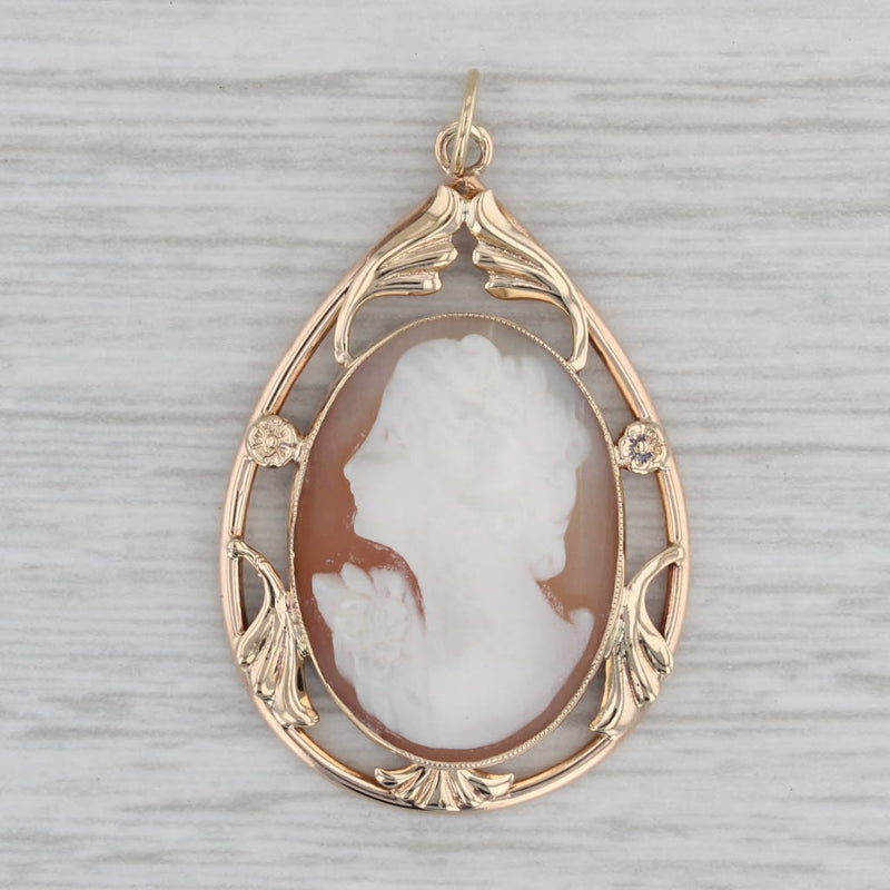 Carved Shell Figural Cameo Pendant 10k Yellow Gold Vintage Floral