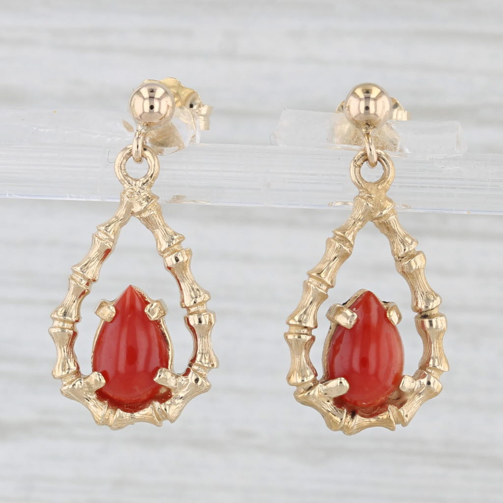 Light Gray Vintage Wells Coral Bamboo Teardrop Dangle Earrings 14k Gold Pierced Drops