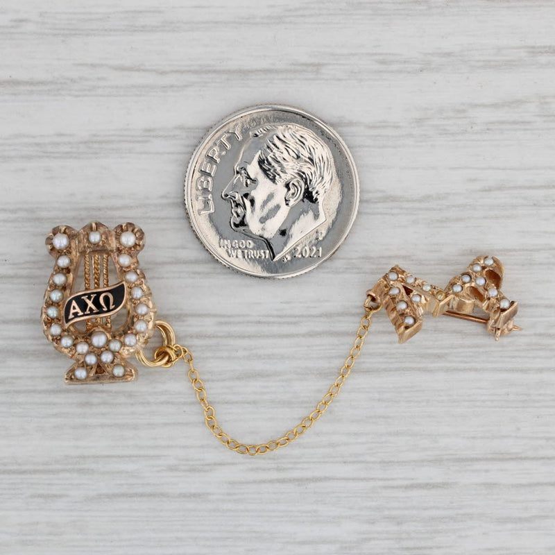 Gray Alpha Chi Omega Sorority Pin 10k Gold Pearl Lyre Badge with Guard