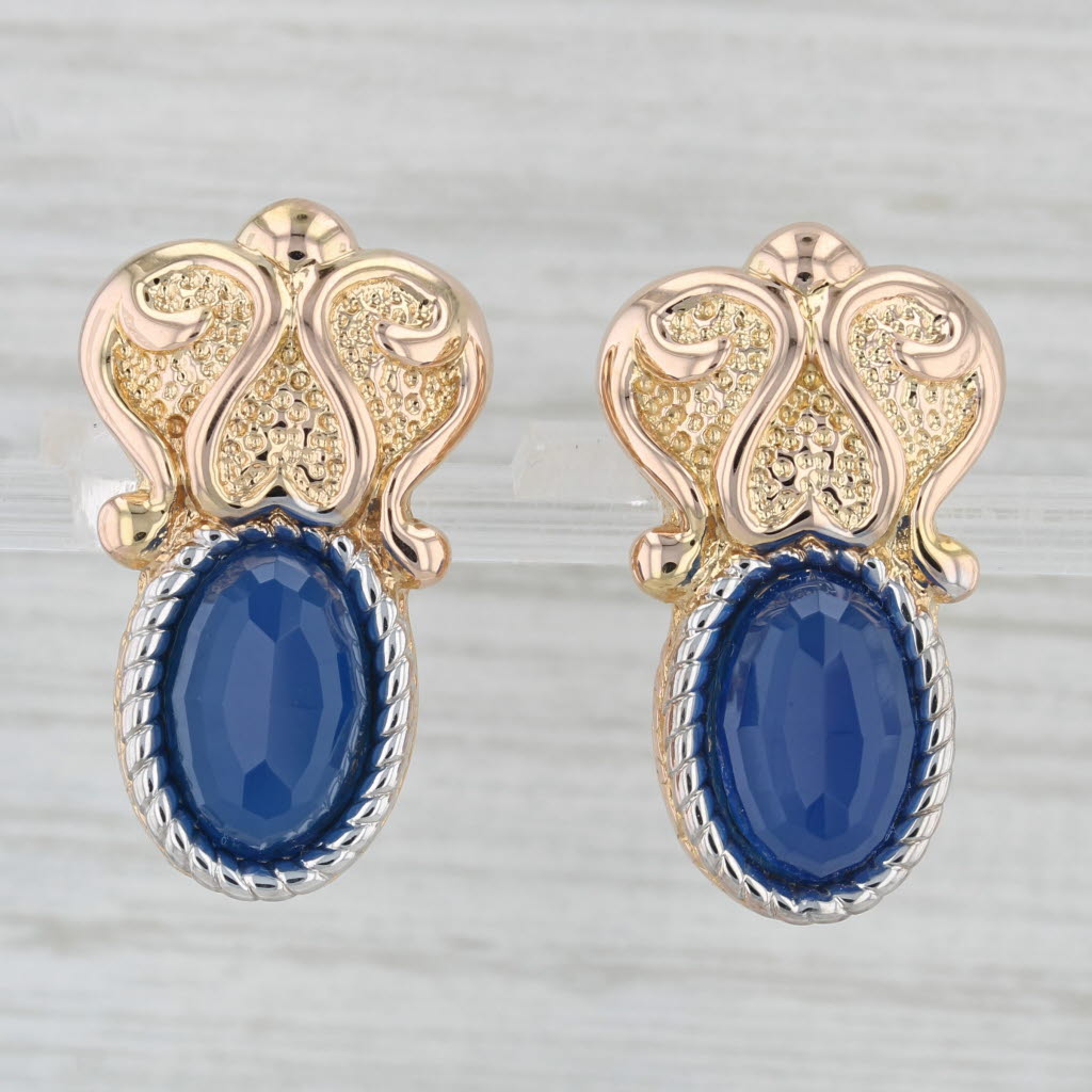 Gray Blue Chalcedony Ornate Drop Earrings 14k Yellow Gold Omega Backs