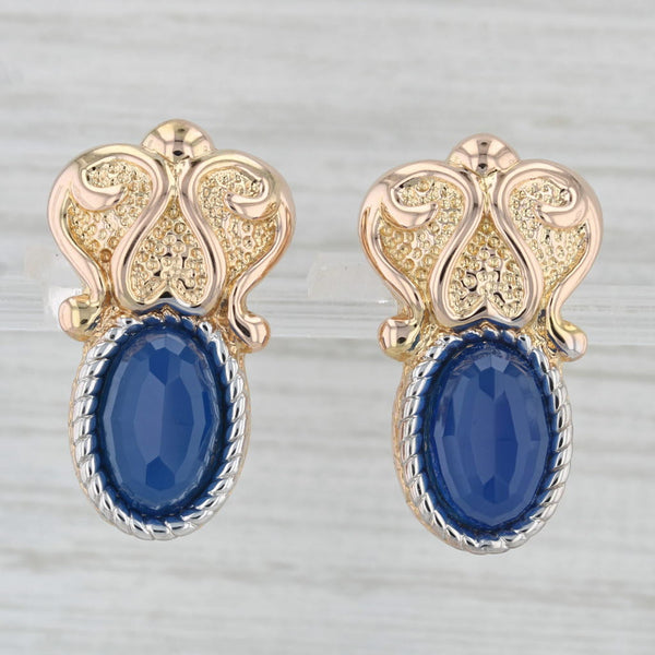 Blue Chalcedony Ornate Drop Earrings 14k Yellow Gold Omega Backs