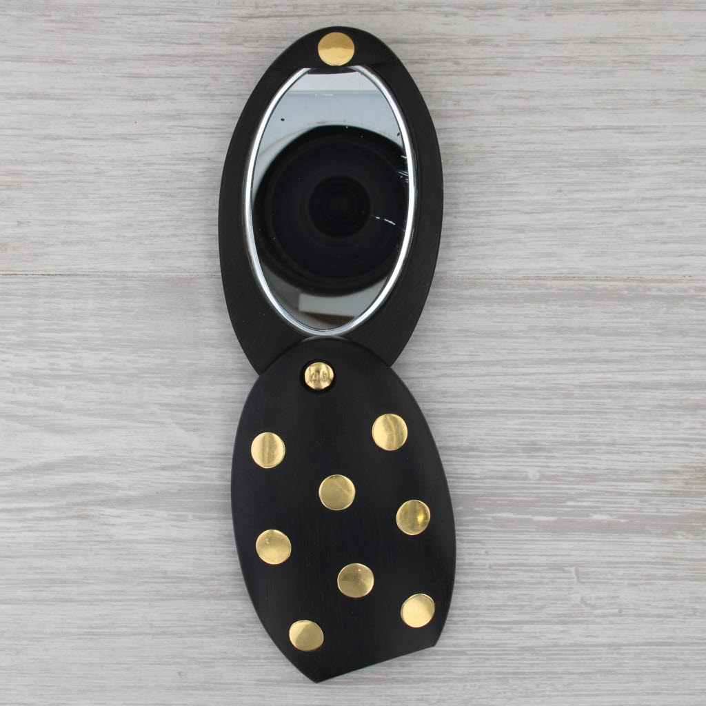 Vintage Ebony Wood Hand Mirror 18k Gold Dots Pocket Purse Travel Opens