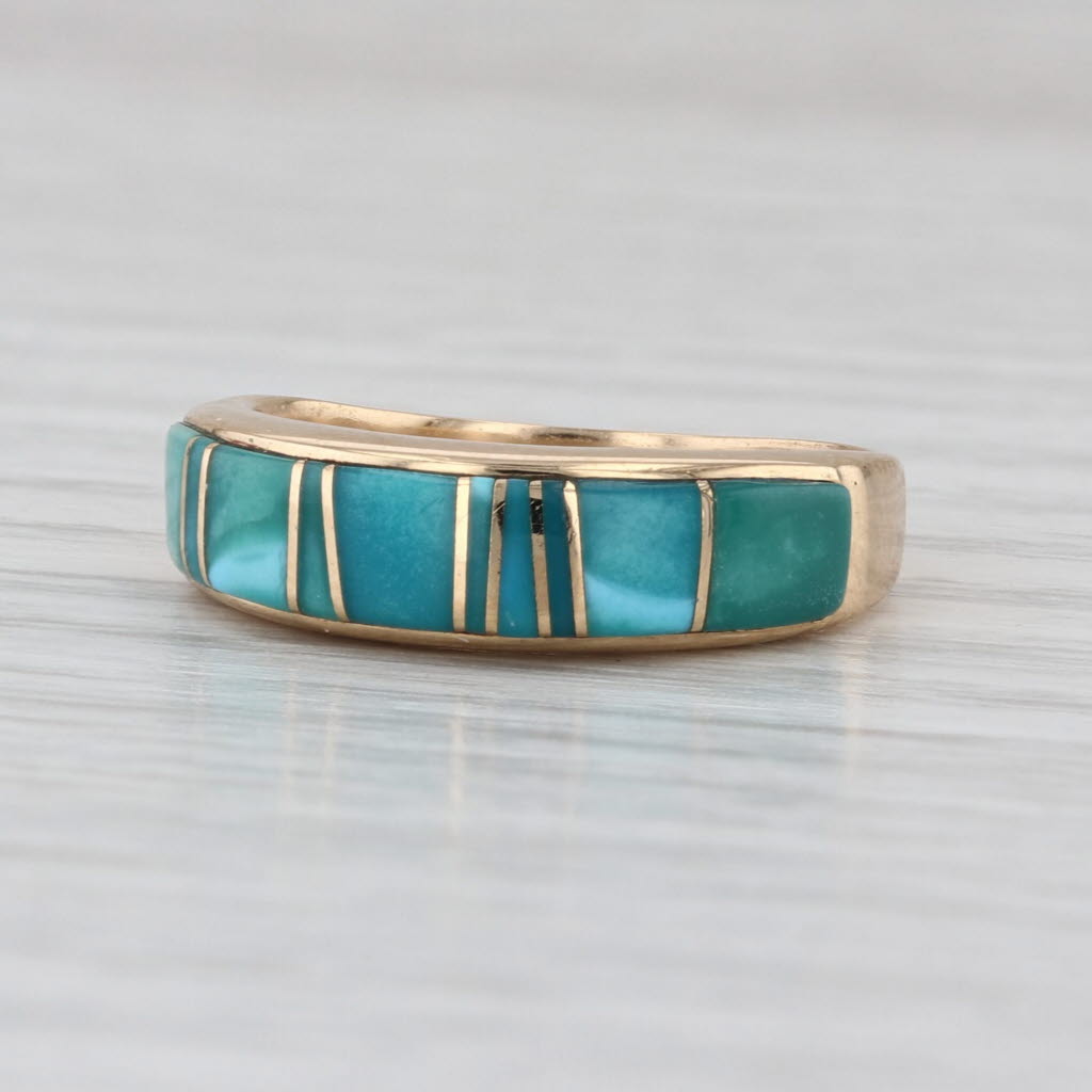 Calvin Begay Turquoise Mosaic Ring 14k Yellow Gold Size 6.5 Stackable Band